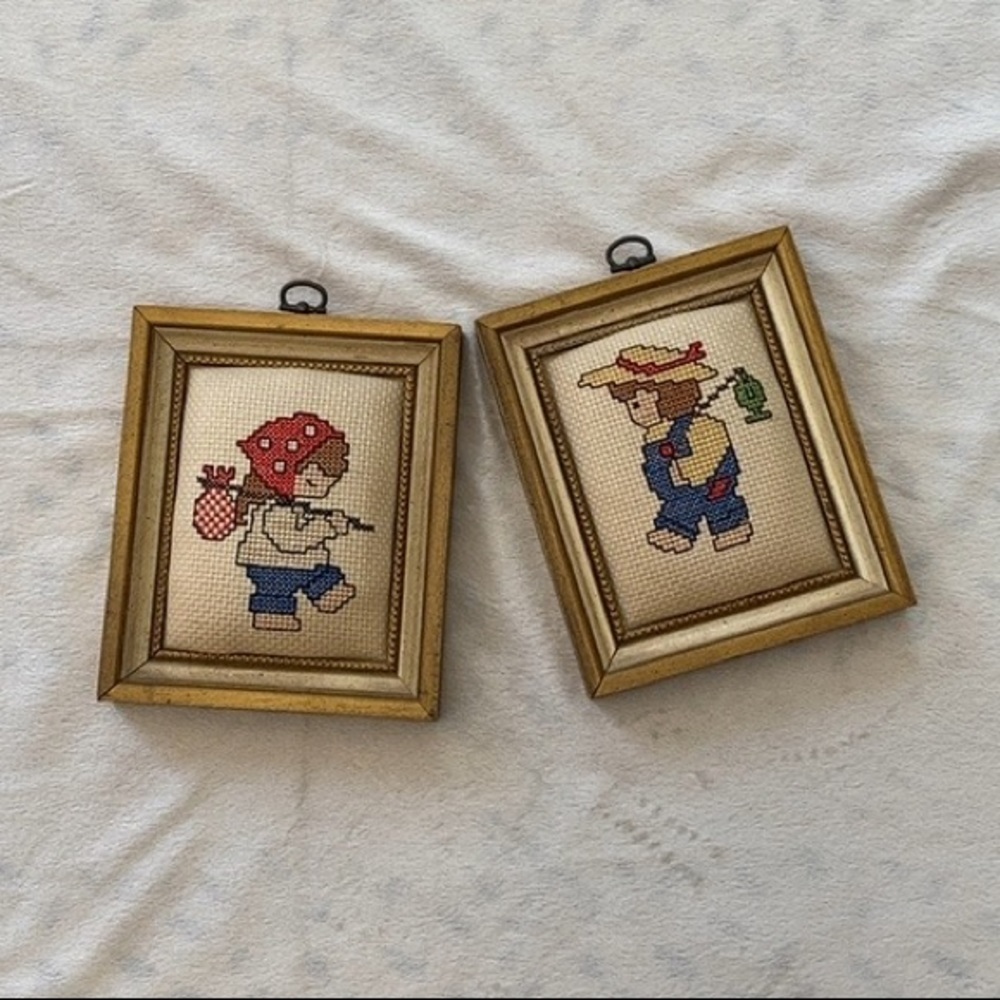 Vintage Finished Wooden Framed Embroidered Cross Stitch Girl Camping Set of Two